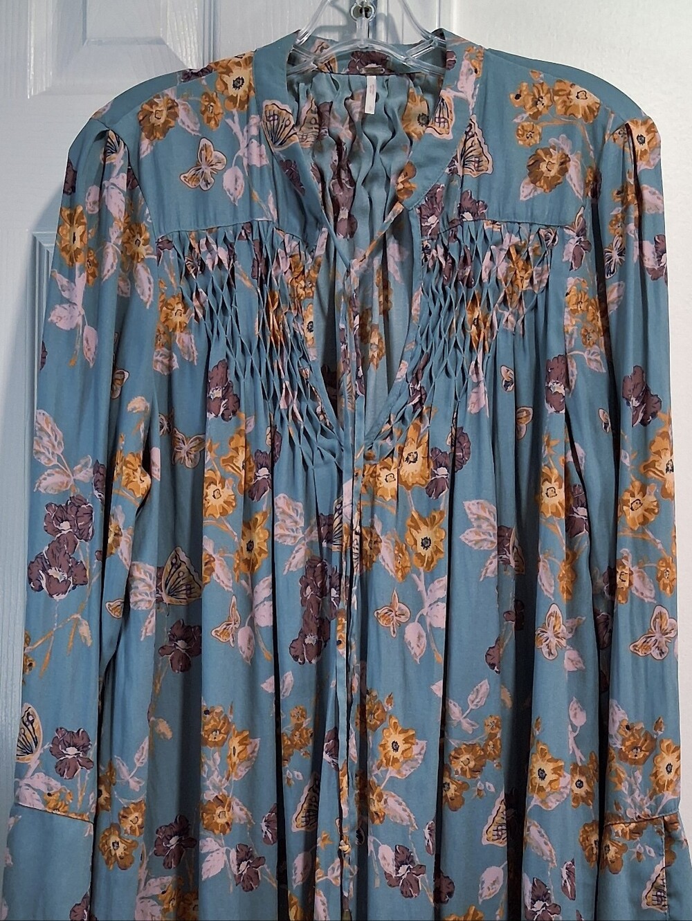 Free People Dusty Blue Floral Smocked Tunic - Picture 3 of 12